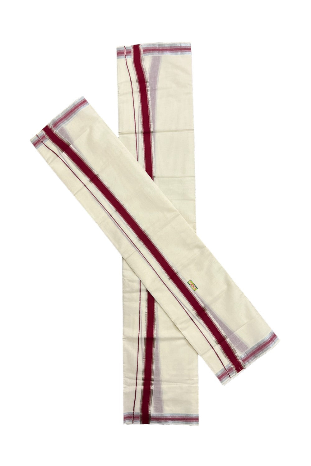 Kerala Cotton Set Mundu (Mundum Neriyathum) with Silver Kasavu and Maroon Border 2.80 Mtrs