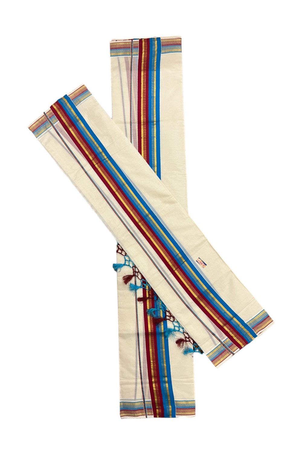 Cotton Kerala Kasavu Set Mundu (Mundum Neriyathum) with Maroon Blue Border and Tassels 2.80 Mtrs