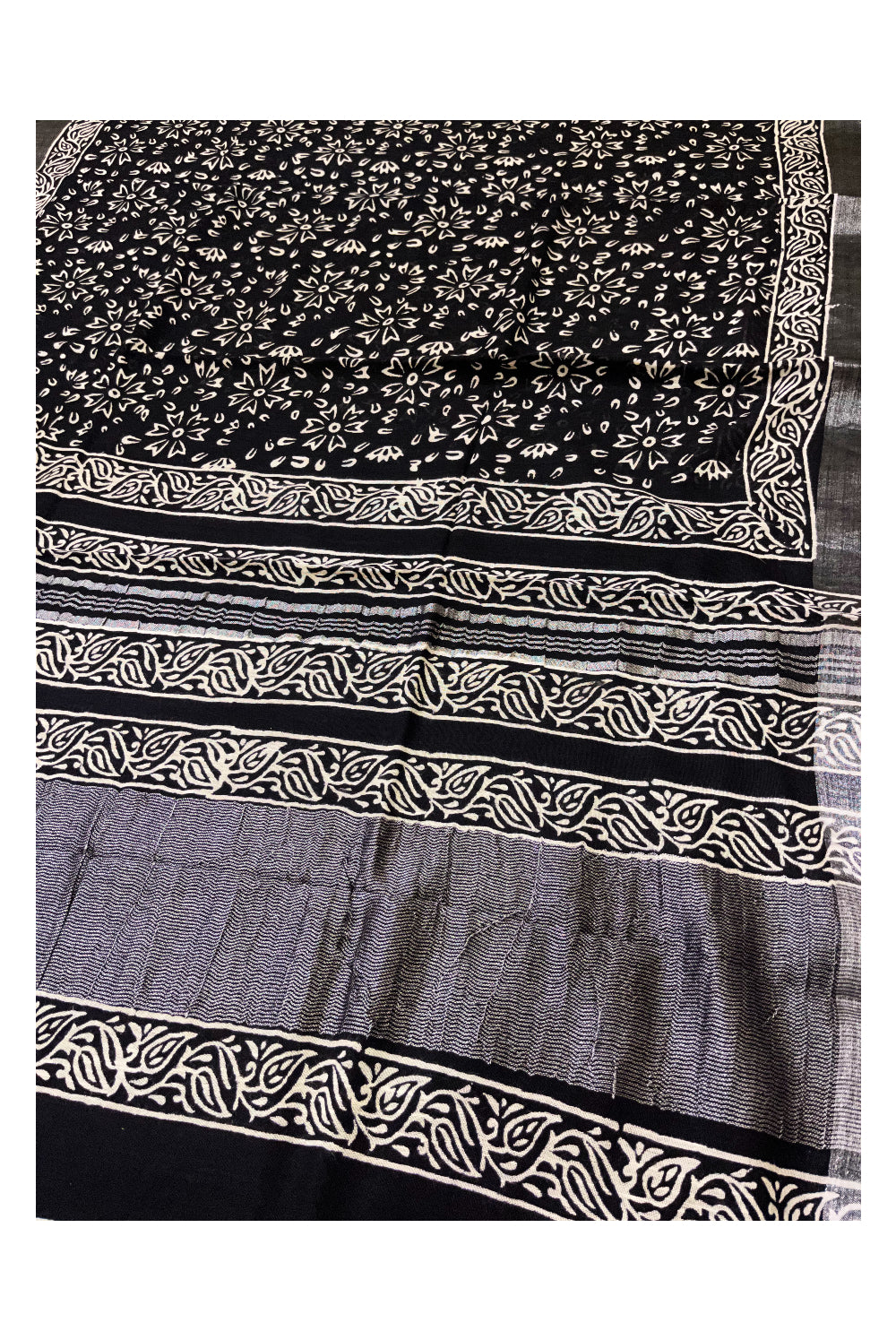 Southloom Designer Printed Black Linen Saree