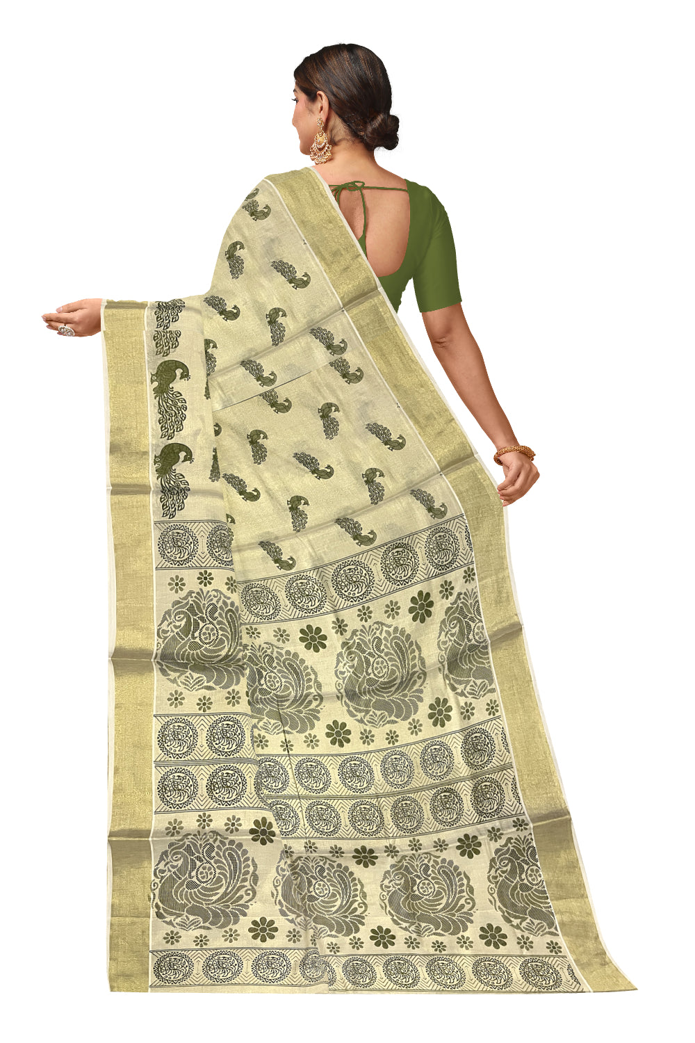 Kerala Tissue Kasavu Saree with Green Block Prints on Body