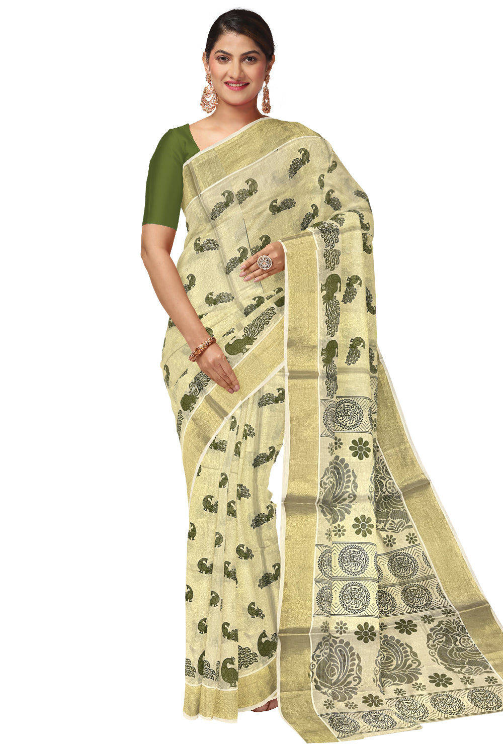 Kerala Tissue Kasavu Saree with Green Block Prints on Body