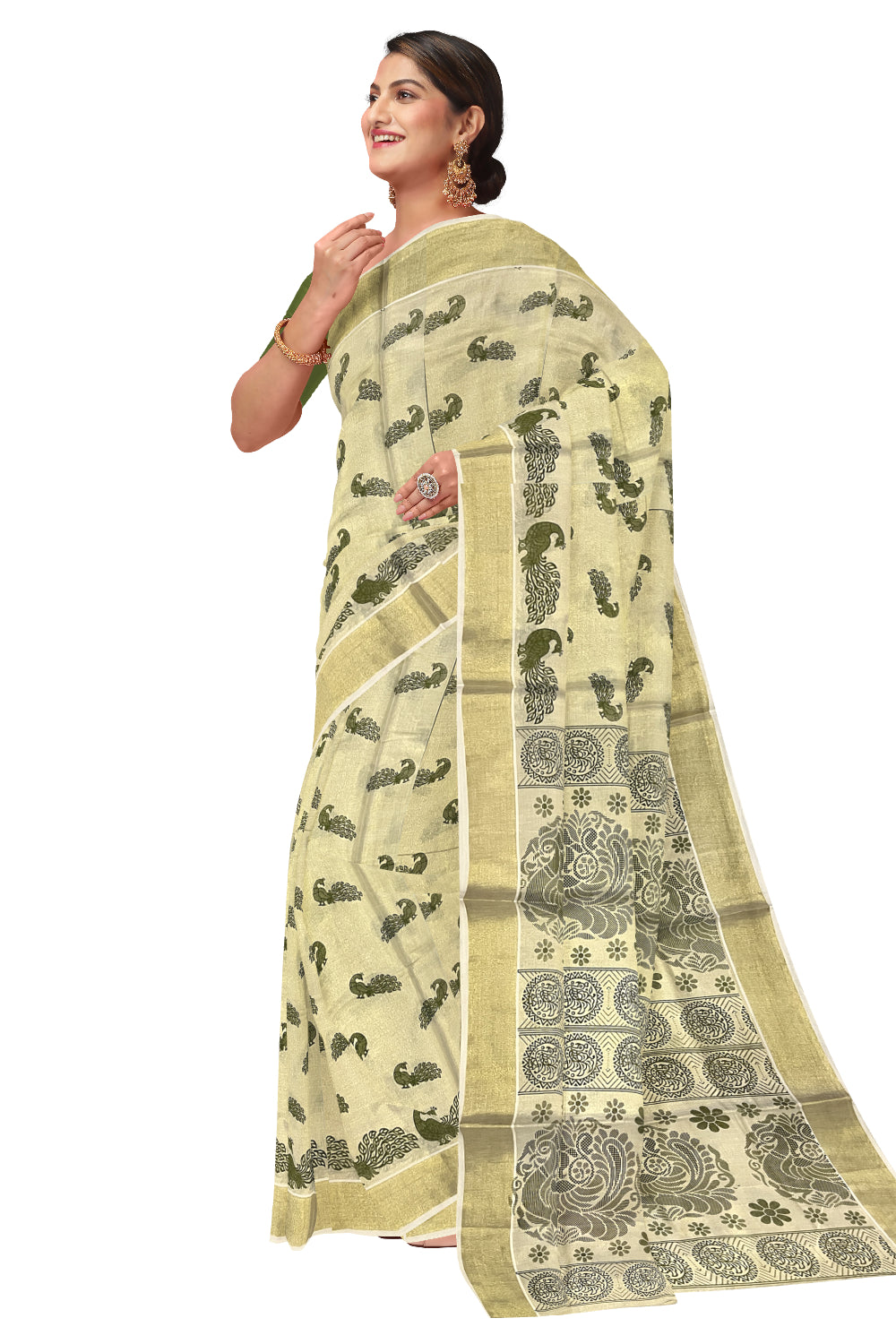 Kerala Tissue Kasavu Saree with Green Block Prints on Body