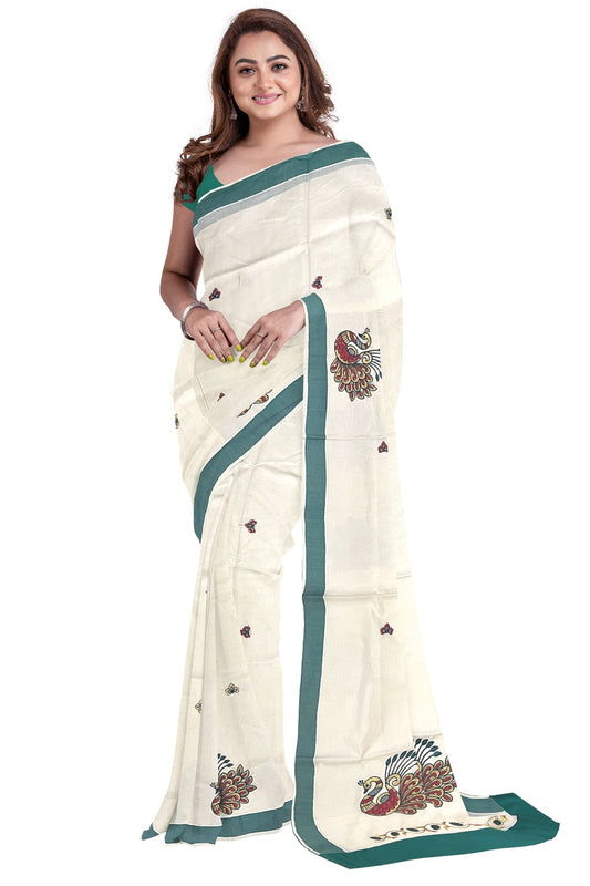 Pure Cotton Kerala Saree with Peacock Embroidery Work and Green Border (Onam Saree 2023)