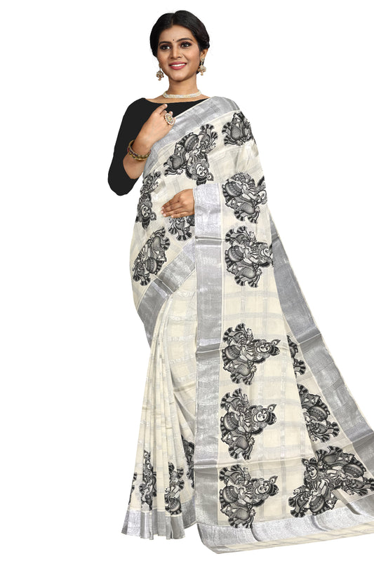 Pure Cotton Kerala Silver Kasavu Check Design Saree with Krishna Mural Prints and Black Border (Onam Saree 2023)