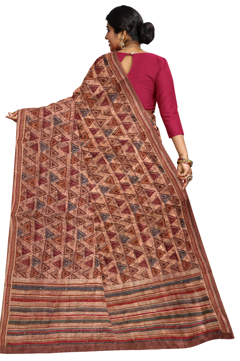 Southloom Art Silk Red Brown Saree with Designer Prints on Body