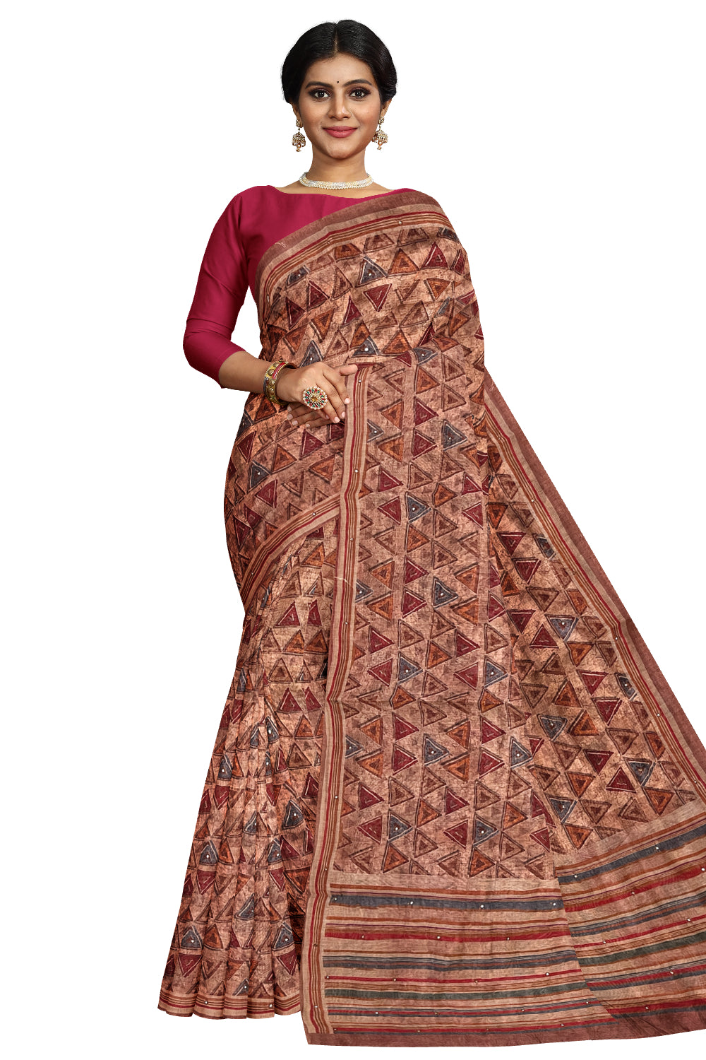 Southloom Art Silk Red Brown Saree with Designer Prints on Body