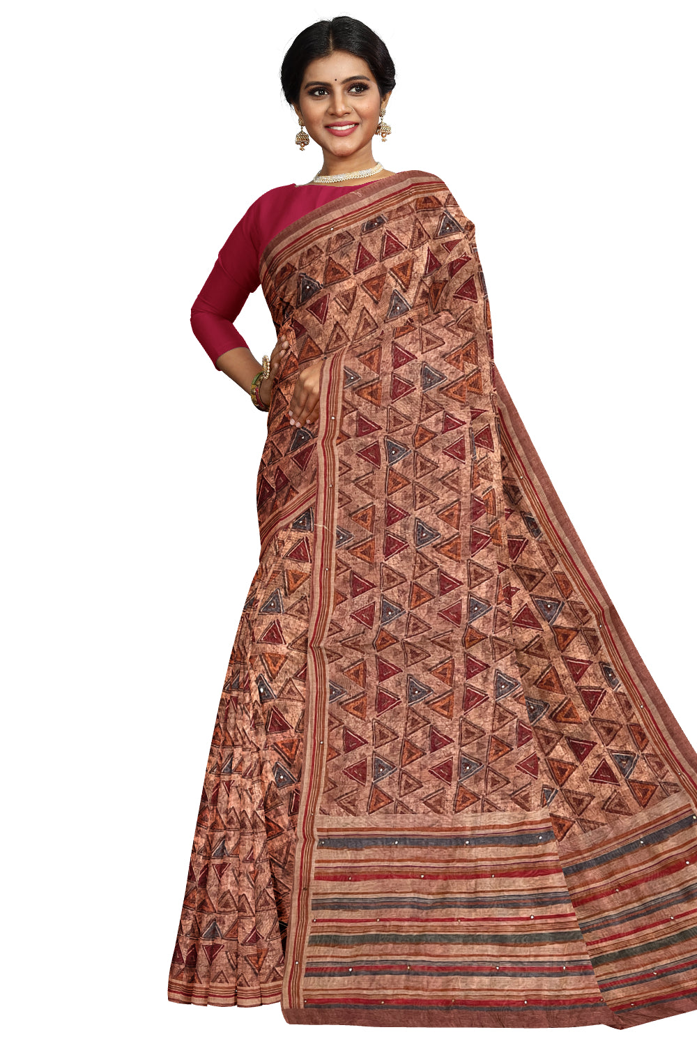 Southloom Art Silk Red Brown Saree with Designer Prints on Body