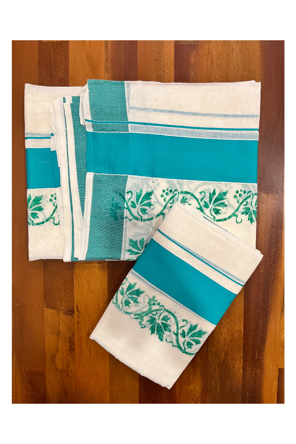 Kerala Pure Cotton Set Mundu Single (Mundum Neriyathum) with Turquoise Floral Block Prints