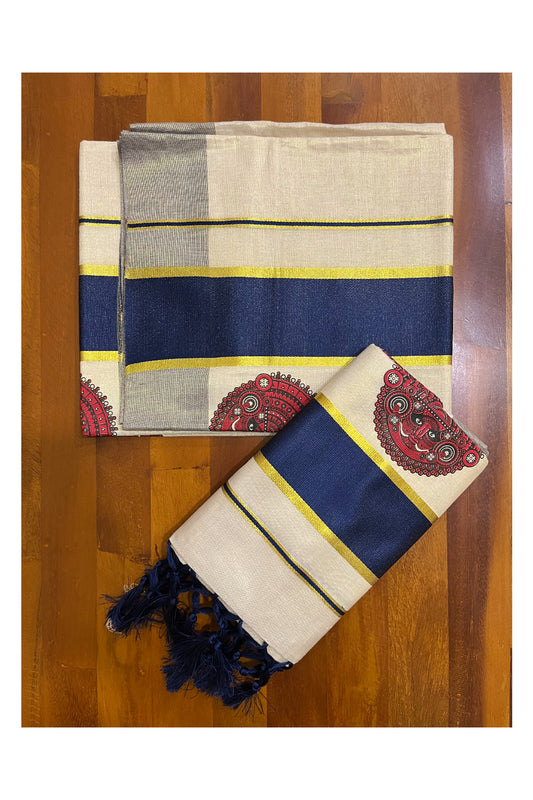 Kerala Tissue Single Set Mundu (Mundum Neriyathum) with Theyyam Block Prints and Dark Blue Border
