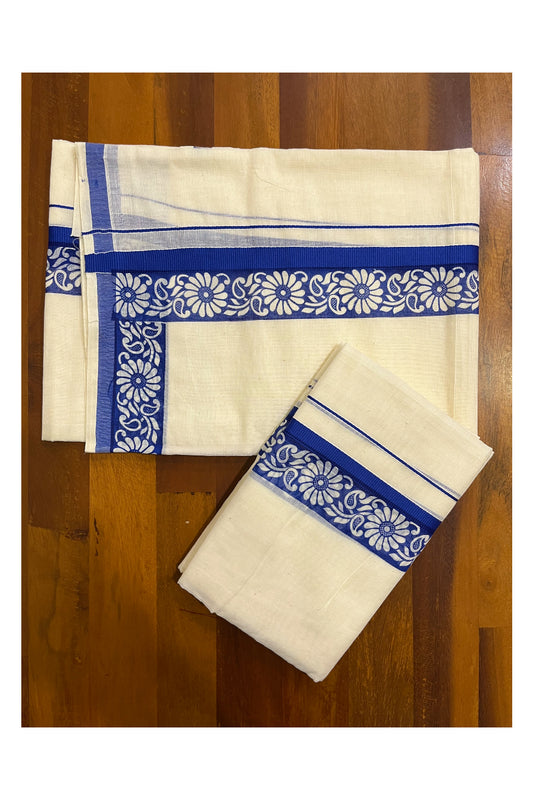 Kerala Cotton Kasavu Single Set Mundu (Mundum Neriyathum) with Blue Kara and  Block prints (Onam 2024 Collection)