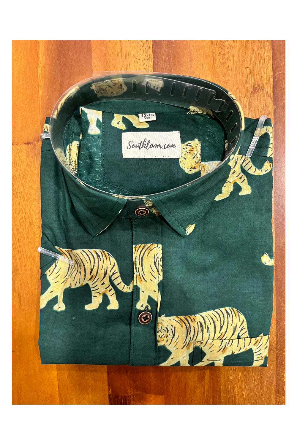 Southloom Jaipur Cotton Green Tiger Hand Block Printed Shirt For Kids (Half Sleeves)