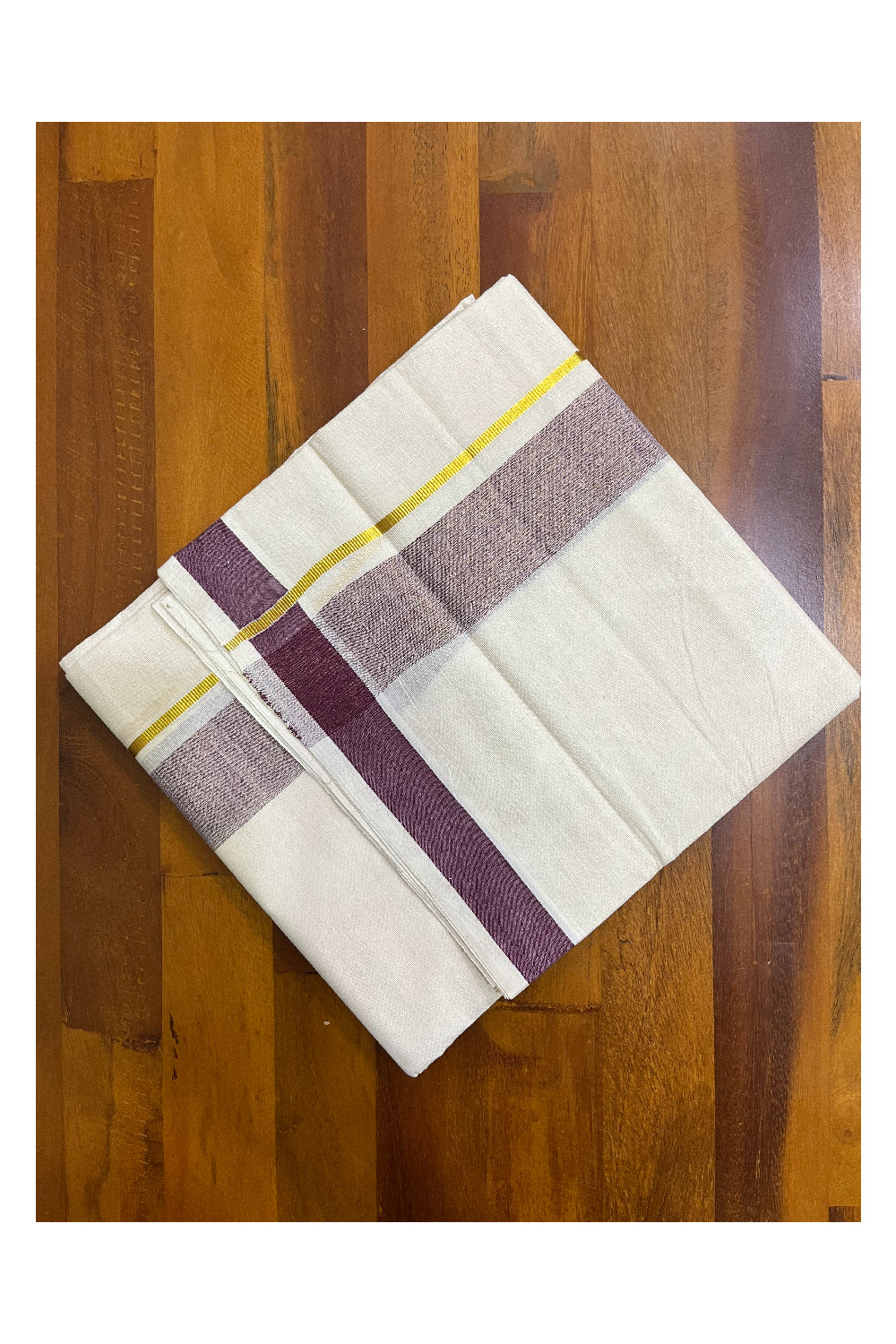 Kerala Pure Cotton Double Mundu with Purple Kasavu Border (South Indian Kerala Dhoti)