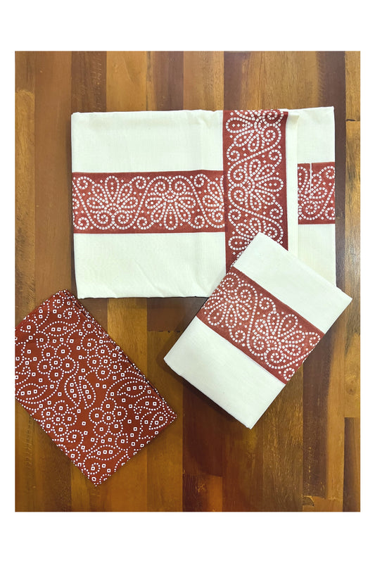 Kerala Cotton Set Mundu (Mundum Neriyathum) with Dark Orange Block Prints and Seperate Blouse Piece 2.80 Mtrs