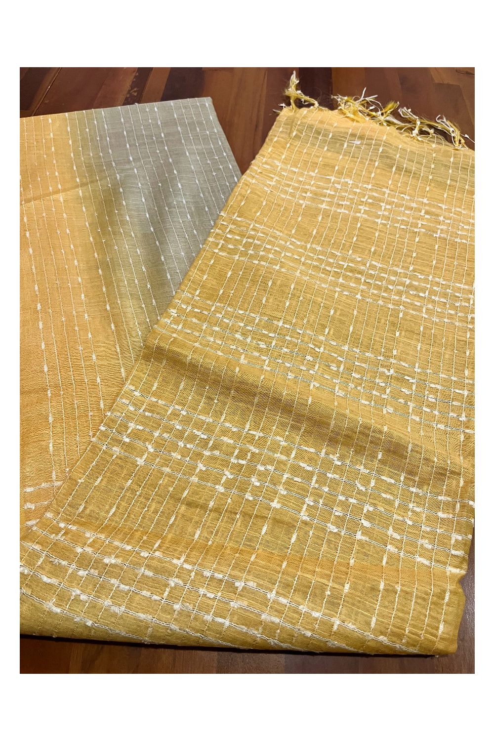 Southloom Semi Organza Check Design Grey Saree with Yellow Border