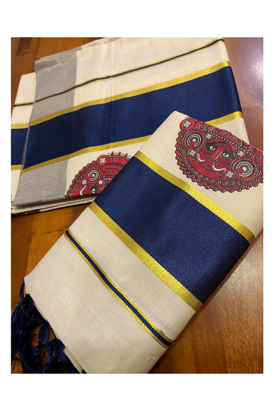 Kerala Tissue Single Set Mundu (Mundum Neriyathum) with Theyyam Block Prints and Dark Blue Border