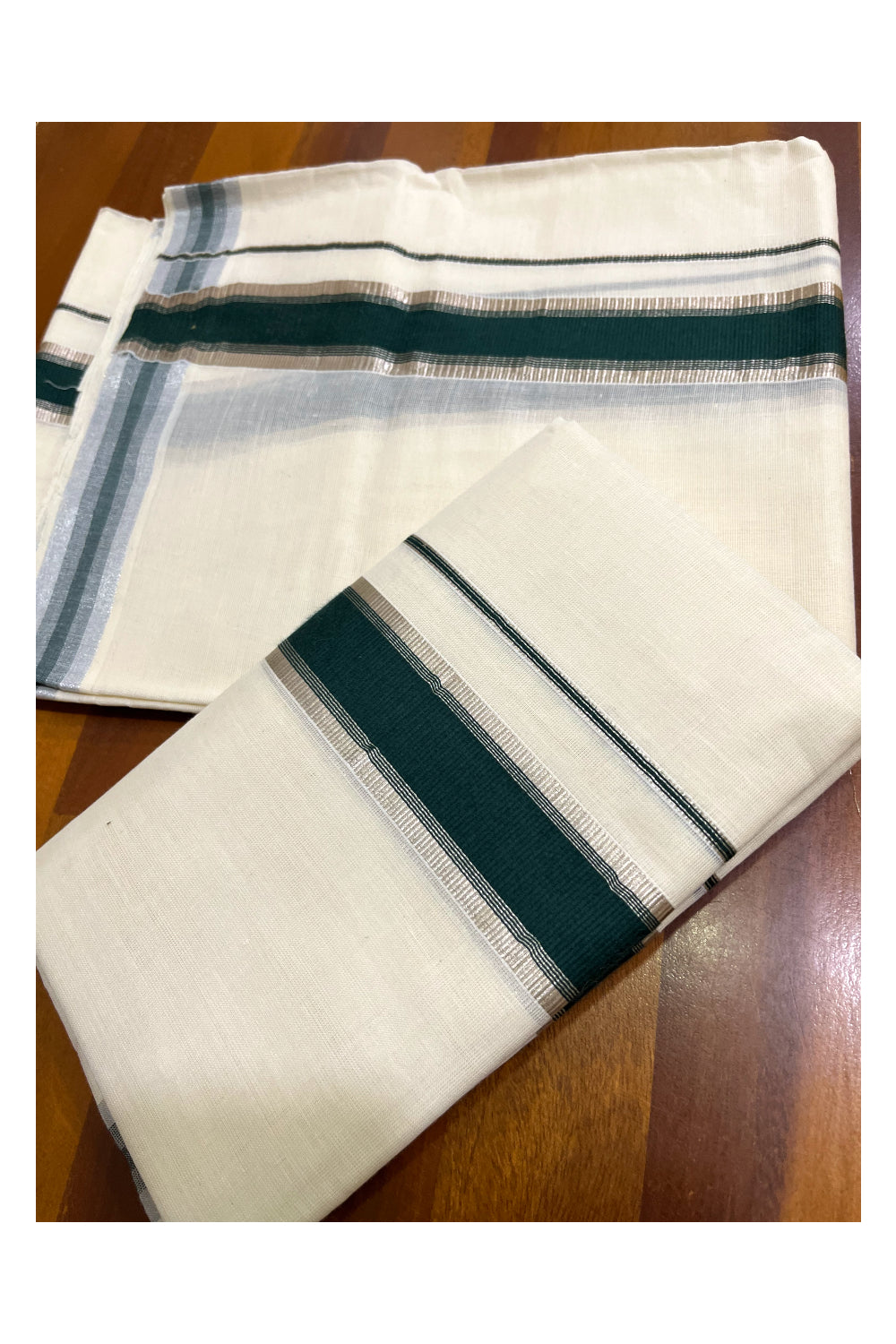 Kerala Cotton Set Mundu (Mundum Neriyathum) with Silver Kasavu and Dark Green Border 2.80 Mtrs