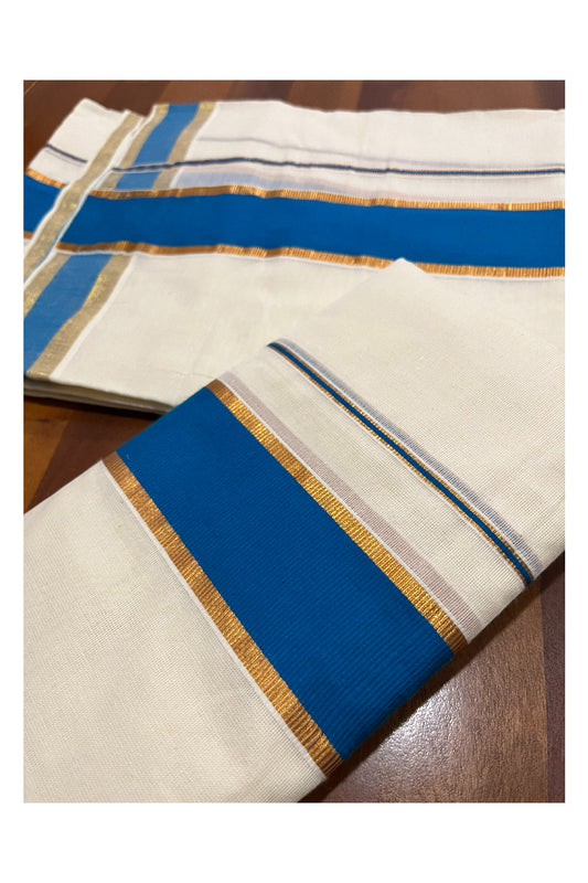 Pure Cotton Kerala Single Set Mundu (Mundum Neriyathum) with Blue and Kasavu Border