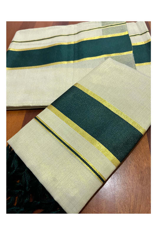 Kerala Tissue Kasavu Set Mundu (Mundum Neriyathum) with Dark Green Kara and Tassels on Pallu 2.80 Mtrs