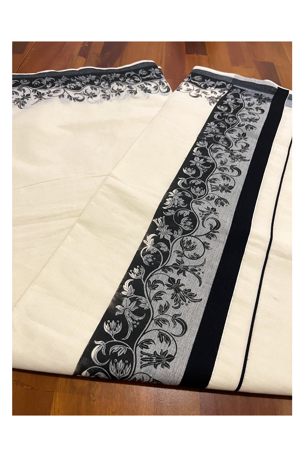 Kerala Cotton Saree with Black Floral Block Printed Border