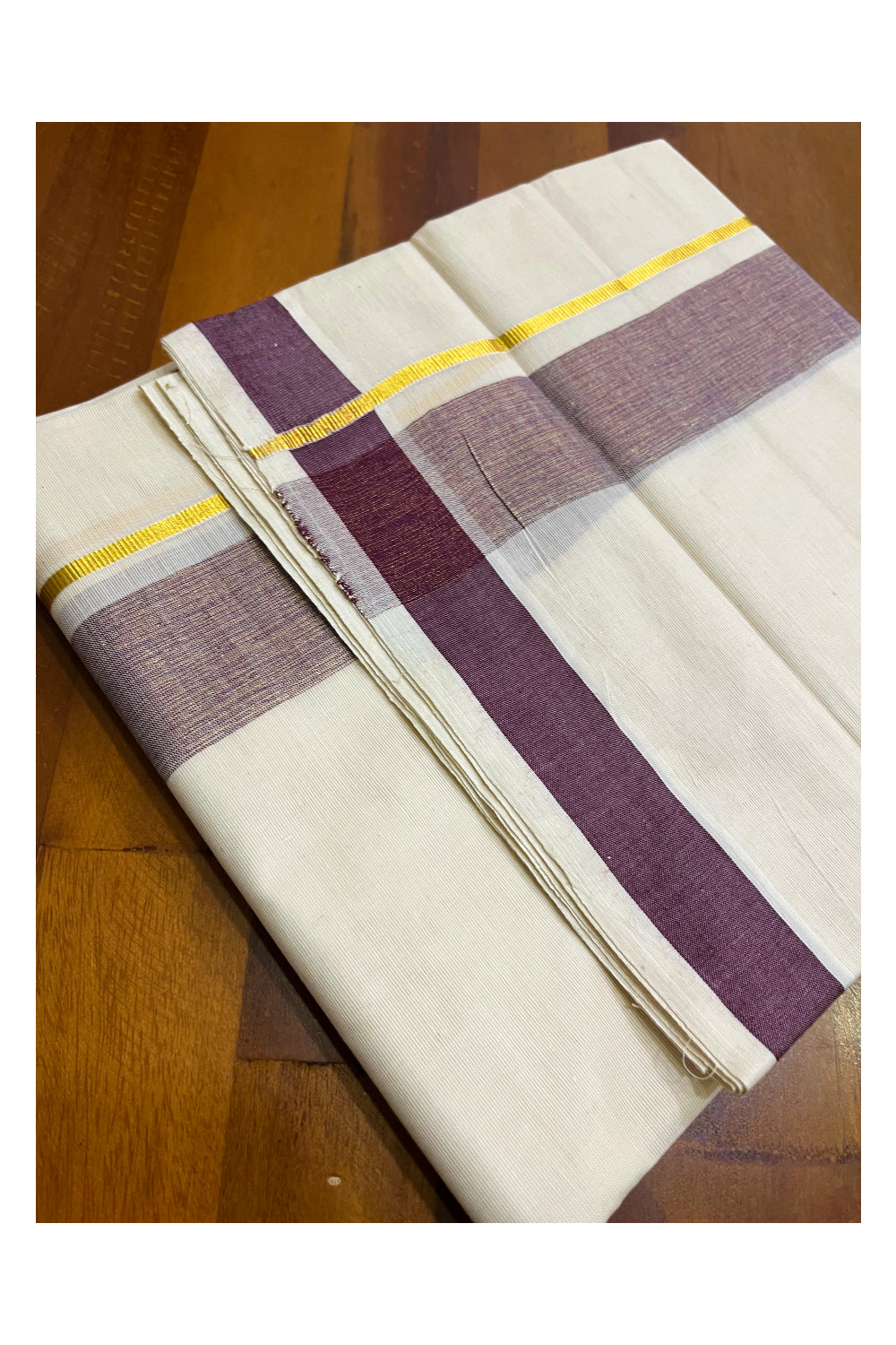 Kerala Pure Cotton Double Mundu with Purple Kasavu Border (South Indian Kerala Dhoti)