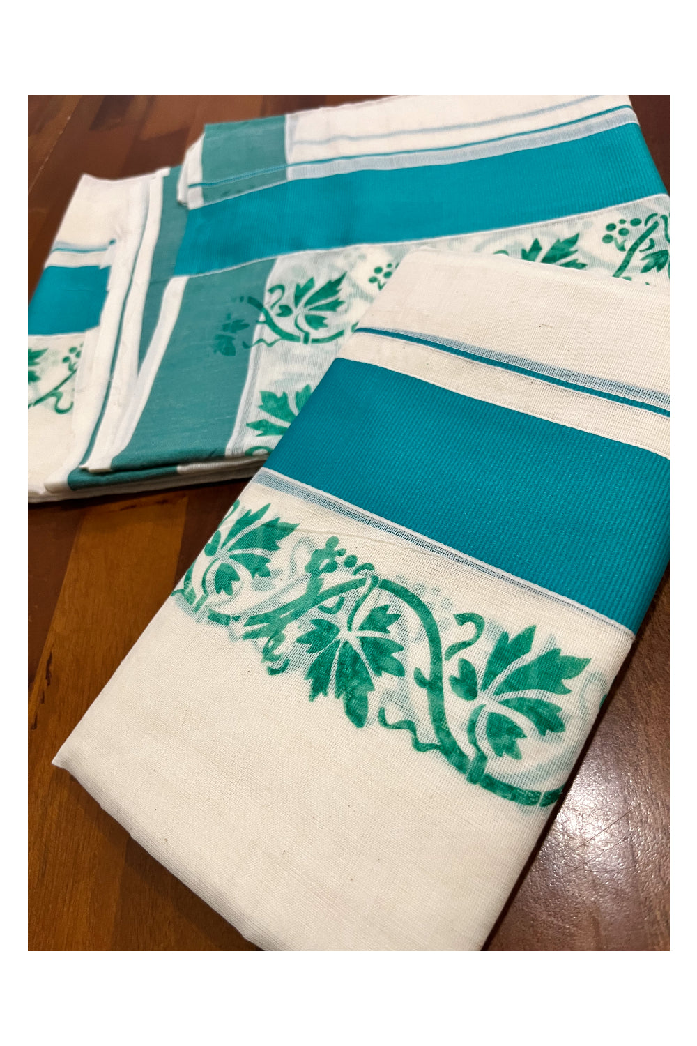 Kerala Pure Cotton Set Mundu Single (Mundum Neriyathum) with Turquoise Floral Block Prints