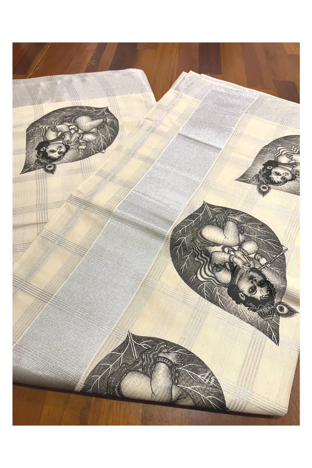 Pure Cotton Kerala Silver Kasavu Check Design Saree with Baby Krishna Mural Prints and Black Border