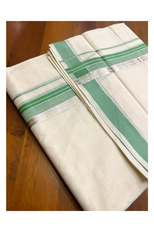 Off White Pure Cotton Kerala Mundu with Silver Kasavu and Light Green Border (South Indian Kerala Dhoti)