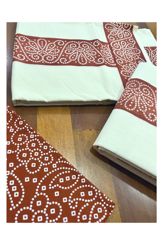 Kerala Cotton Set Mundu (Mundum Neriyathum) with Dark Orange Block Prints and Seperate Blouse Piece 2.80 Mtrs