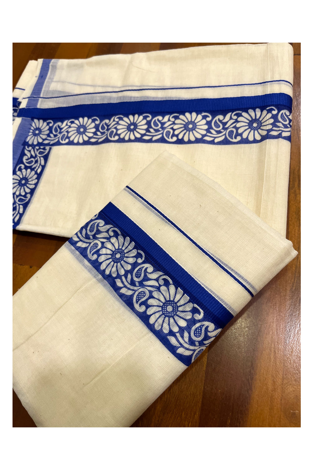 Kerala Cotton Kasavu Single Set Mundu (Mundum Neriyathum) with Blue Kara and  Block prints (Onam 2024 Collection)