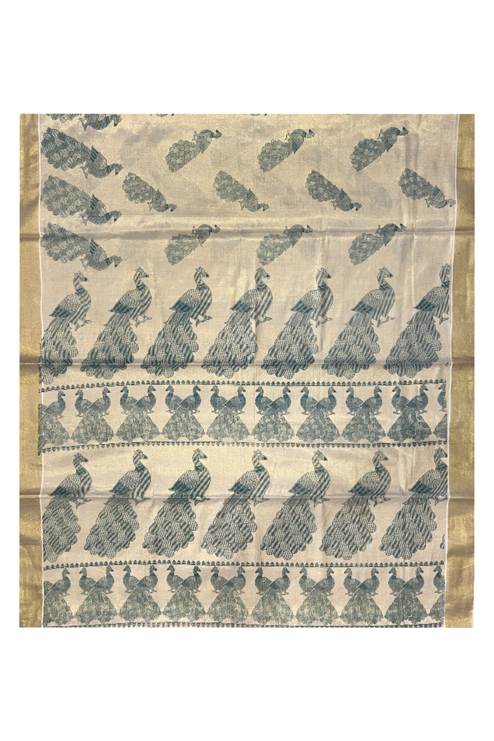 Kerala Tissue Kasavu Saree with Green Peacock Block Prints on Body