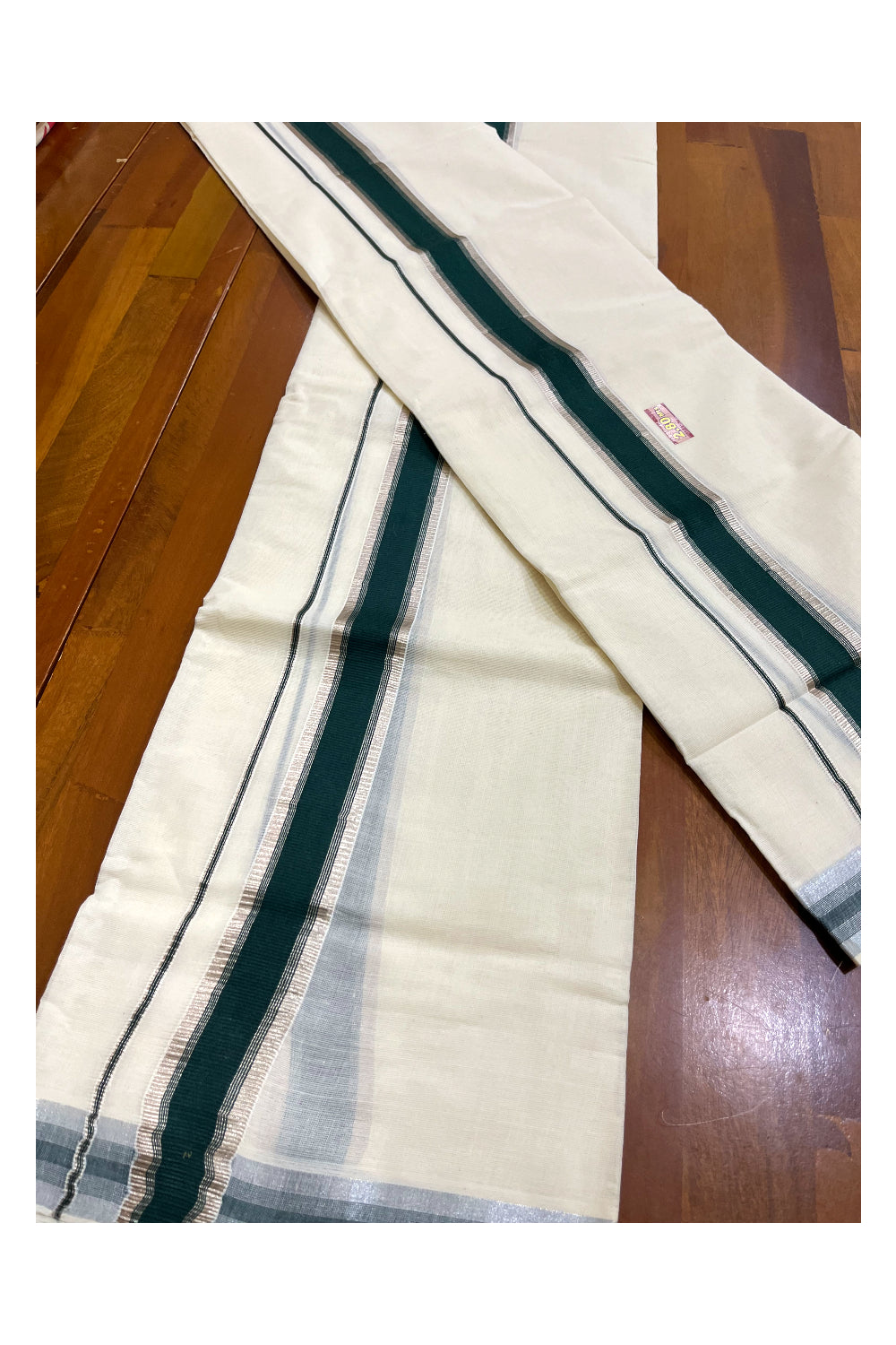 Kerala Cotton Set Mundu (Mundum Neriyathum) with Silver Kasavu and Dark Green Border 2.80 Mtrs