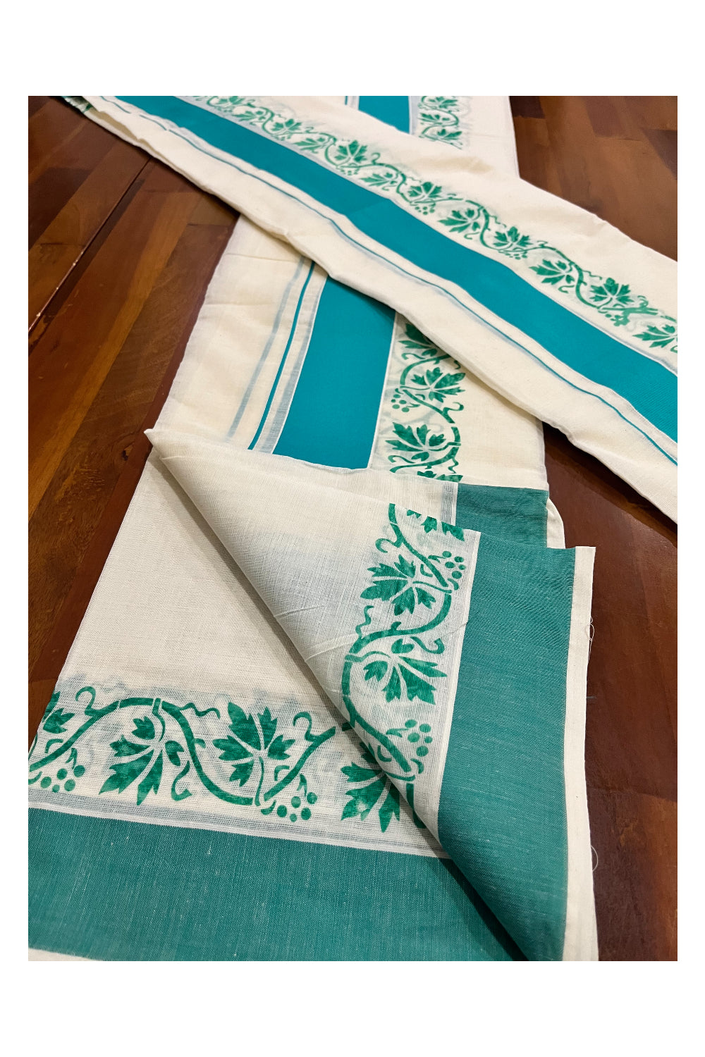 Kerala Pure Cotton Set Mundu Single (Mundum Neriyathum) with Turquoise Floral Block Prints