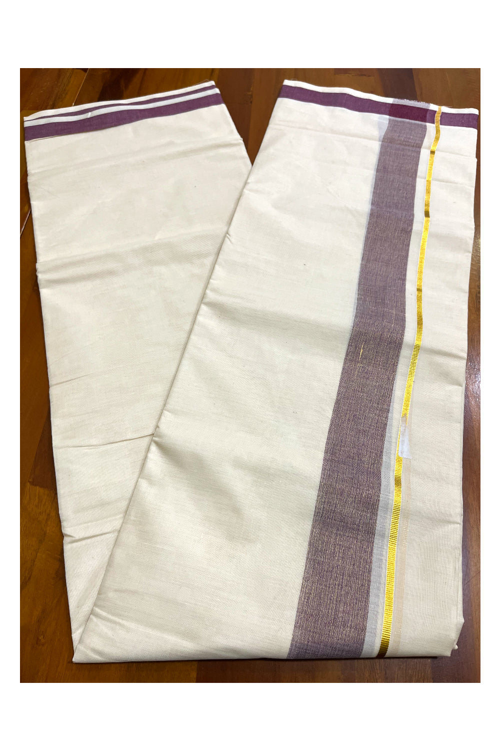 Kerala Pure Cotton Double Mundu with Purple Kasavu Border (South Indian Kerala Dhoti)