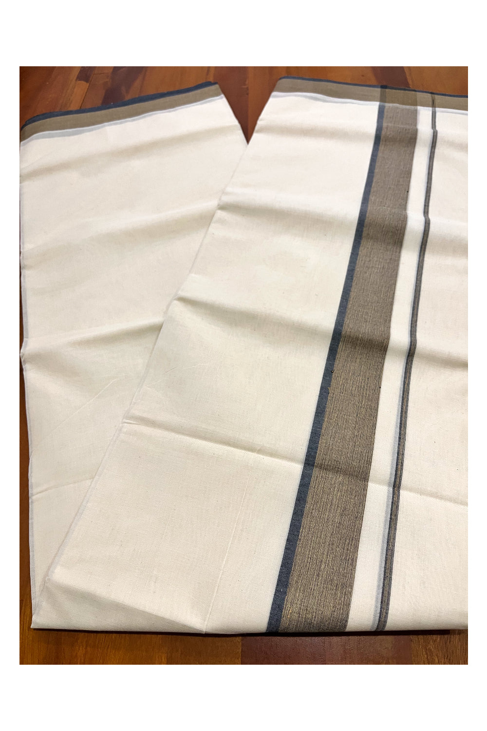 Pure Cotton 100x100 Double Mundu with Green Black Border (South Indian Kerala Dhoti)