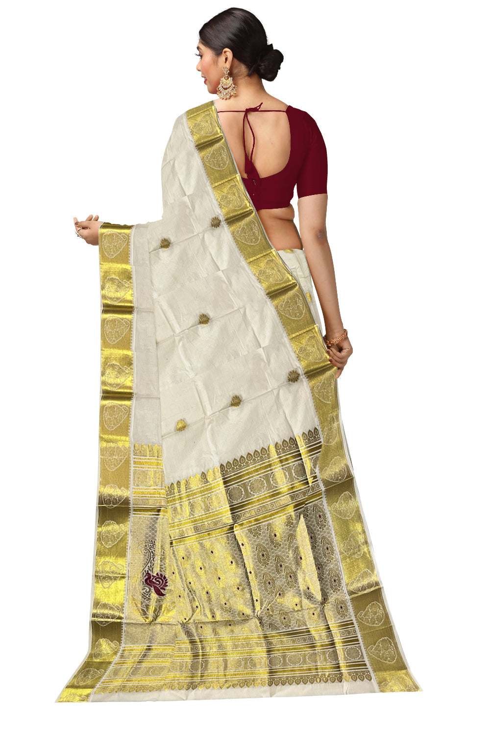 Kerala Pure Cotton Heavy Woven Work Kasavu Saree with Maroon Peacock Works