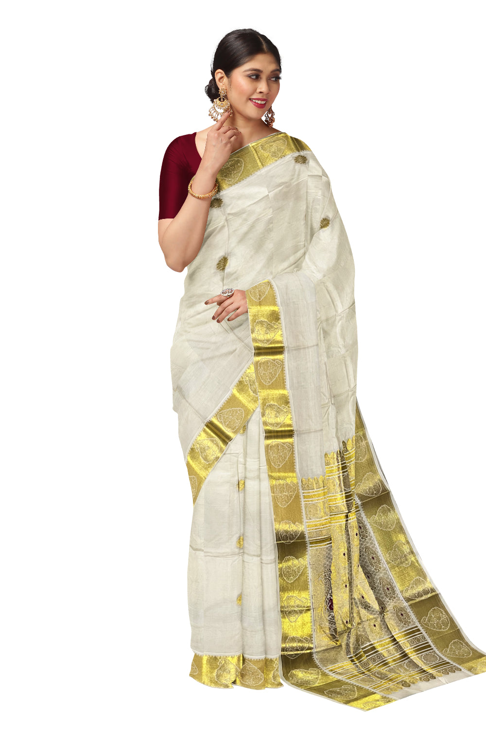 Kerala Pure Cotton Heavy Woven Work Kasavu Saree with Maroon Peacock Works