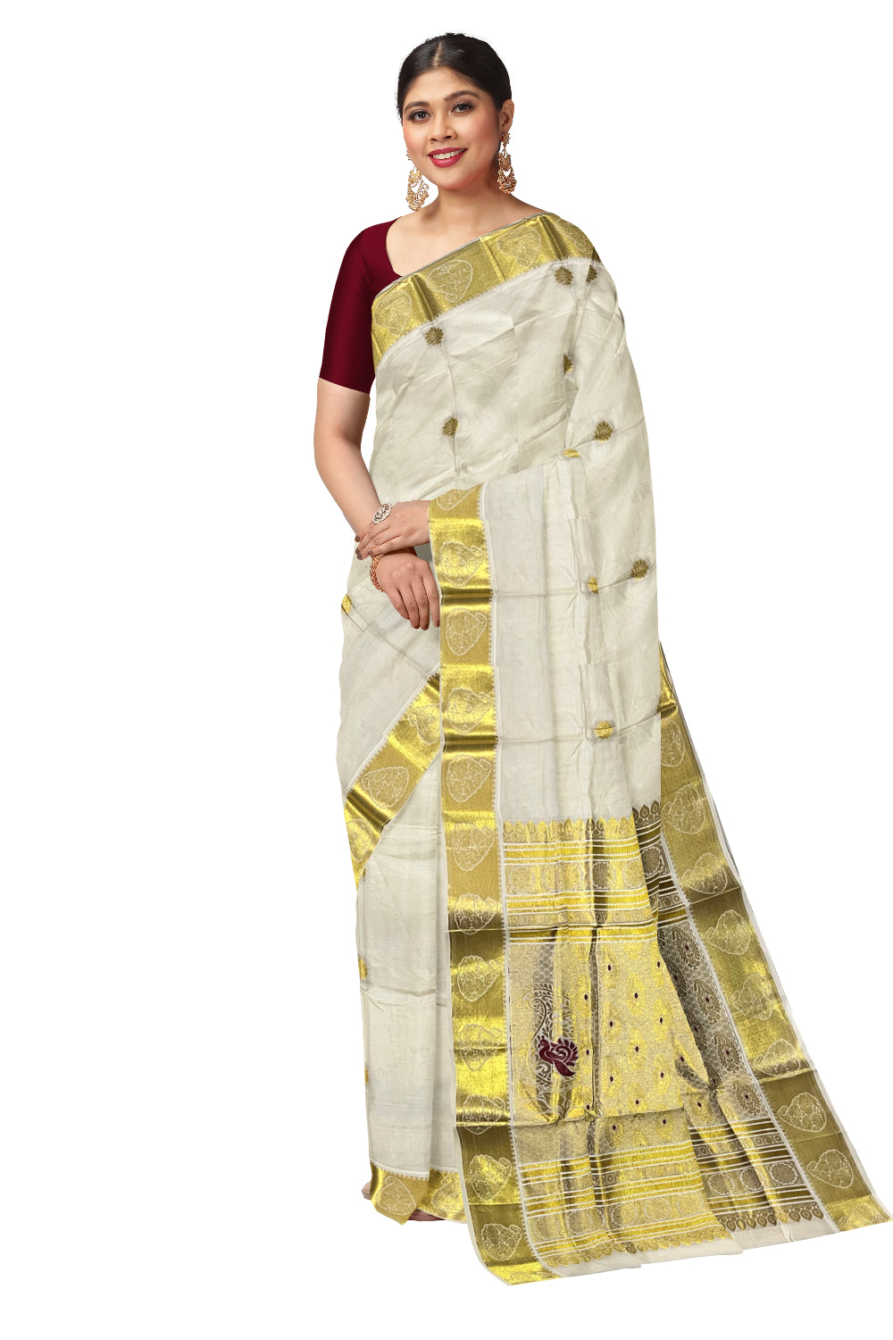 Kerala Pure Cotton Heavy Woven Work Kasavu Saree with Maroon Peacock Works