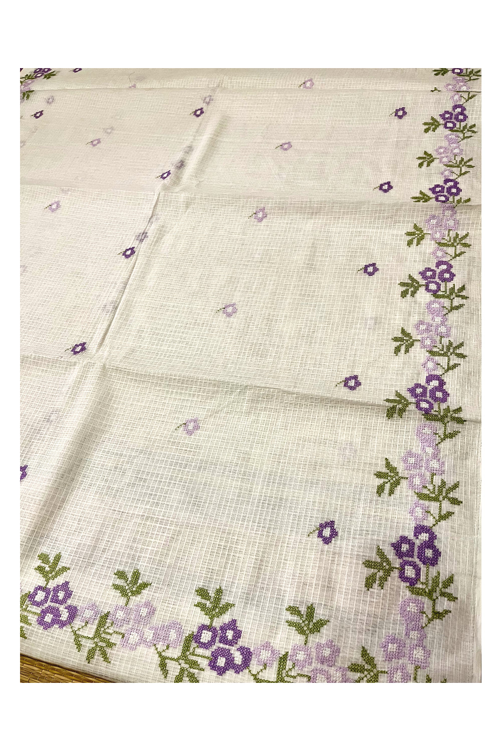 Southloom Net Kota Pure White Saree with Violet Green Woven Works on Border (2023 Christmas Special Saree)