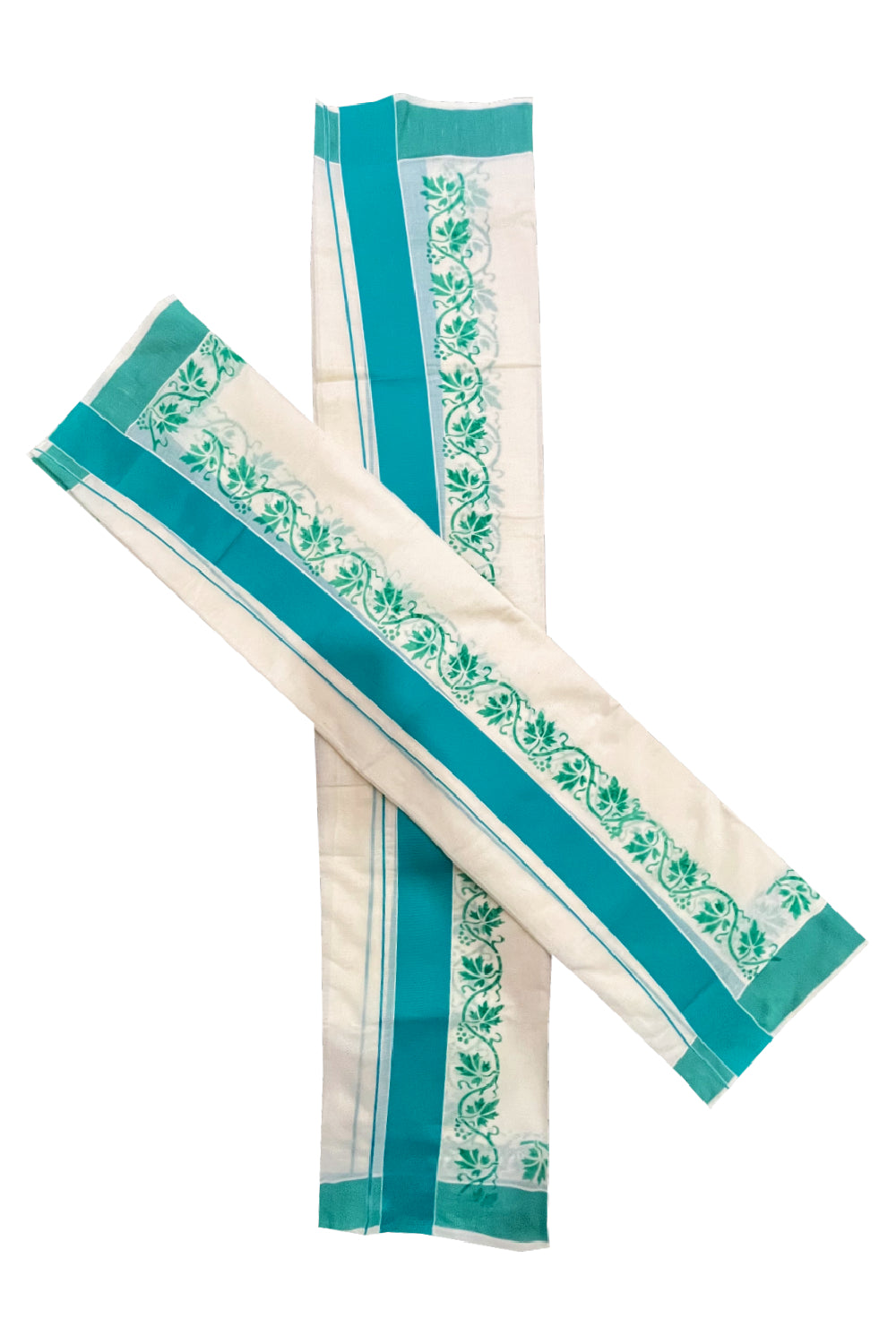 Kerala Pure Cotton Set Mundu Single (Mundum Neriyathum) with Turquoise Floral Block Prints