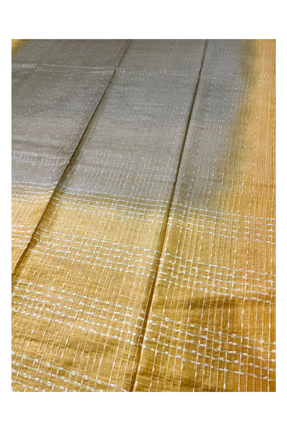 Southloom Semi Organza Check Design Grey Saree with Yellow Border