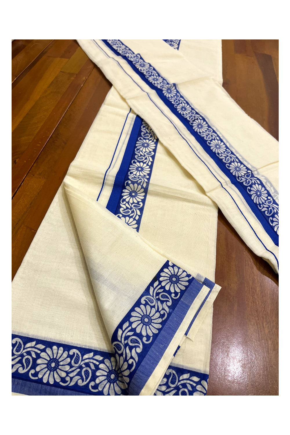 Kerala Cotton Kasavu Single Set Mundu (Mundum Neriyathum) with Blue Kara and  Block prints