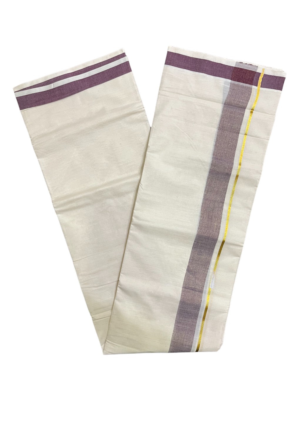 Kerala Pure Cotton Double Mundu with Purple Kasavu Border (South Indian Kerala Dhoti)