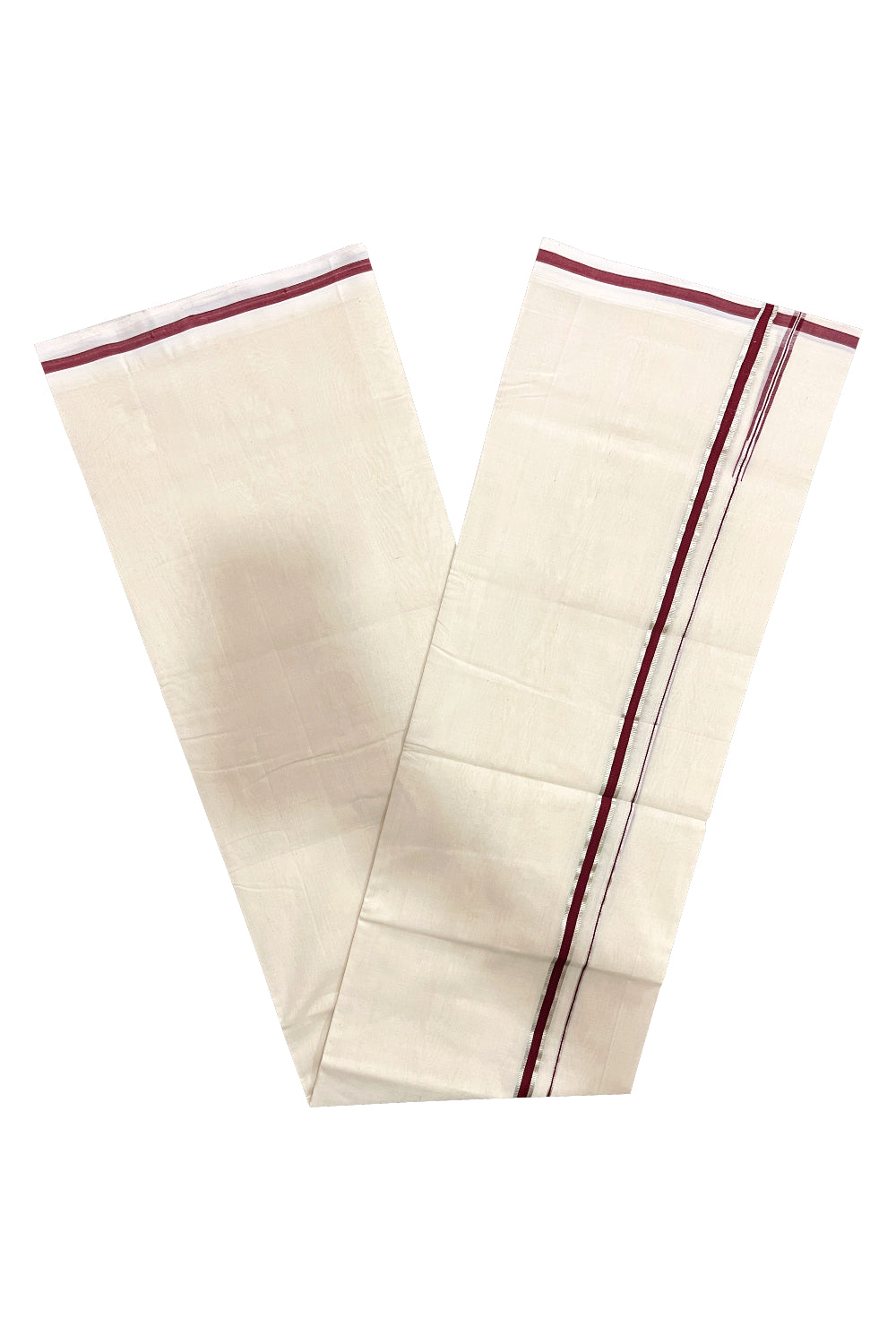 Southloom Premium Balaramapuram Unakkupaavu Handloom Mundu with Maroon and Silver Kasavu Puliyilakkara Border (South Indian Kerala Dhoti)