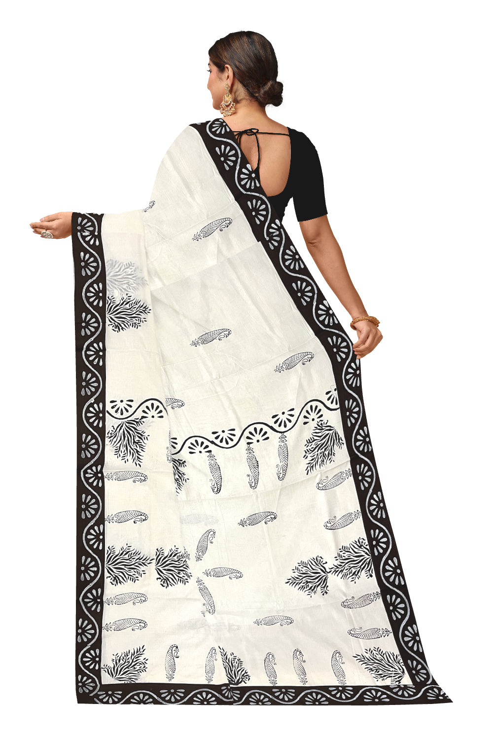 Pure Cotton Onam 2023 Kerala Saree with Hand Block Dark Brown Batik Prints