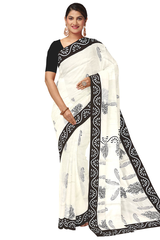 Pure Cotton Onam 2023 Kerala Saree with Hand Block Dark Brown Batik Prints