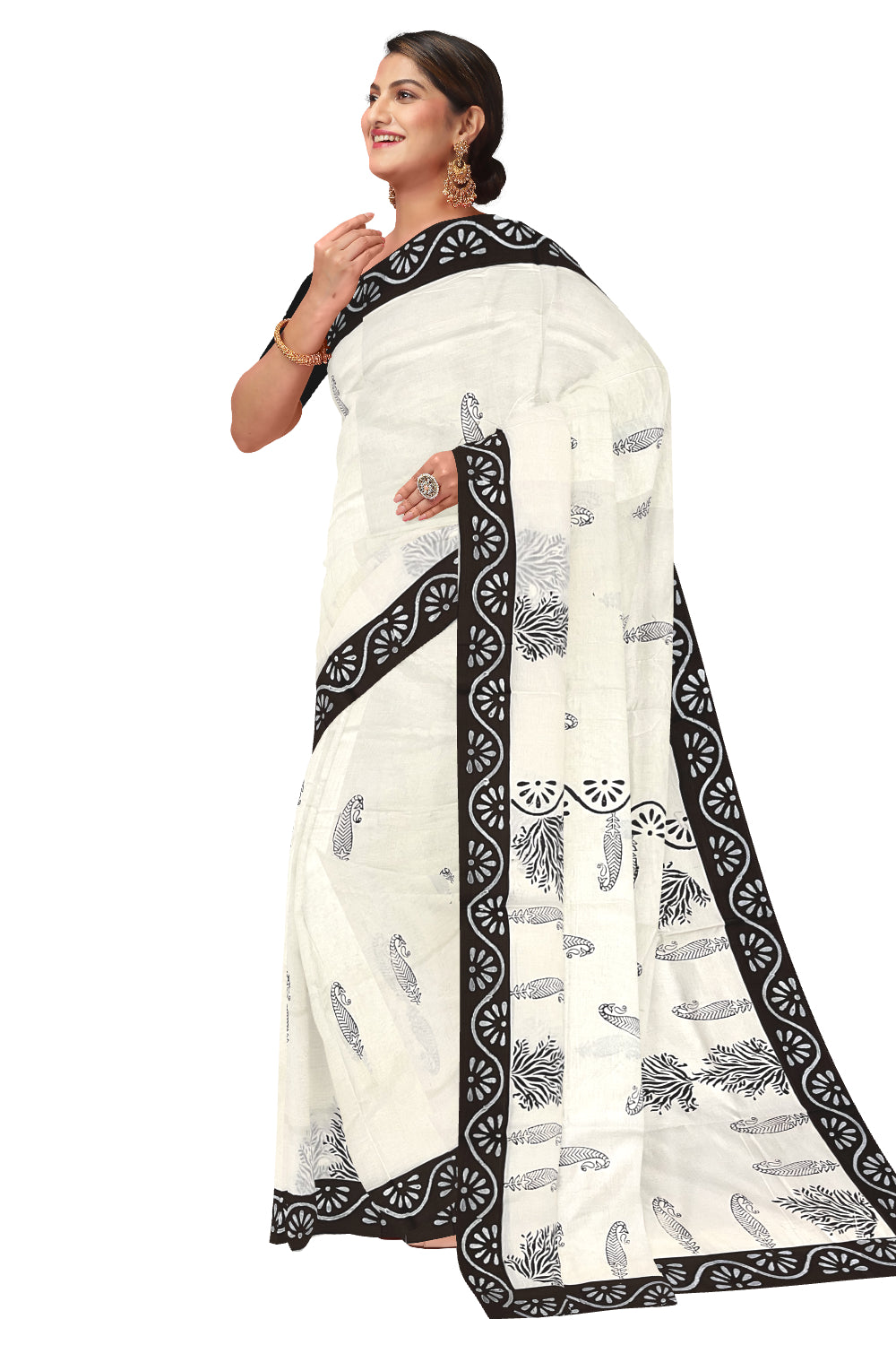 Pure Cotton Onam 2023 Kerala Saree with Hand Block Dark Brown Batik Prints