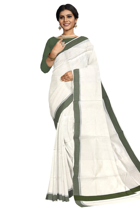 Southloom Pure Cotton Kerala Plain Saree with Olive Green 2x2 Border