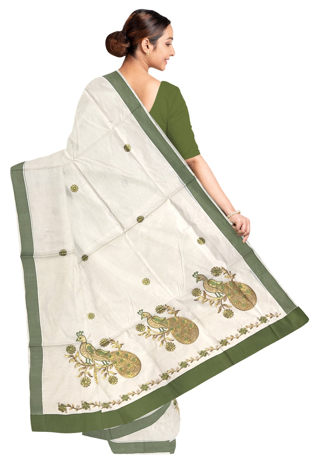 Pure Cotton Kerala Saree with Peacock Embroidery Work and Light Green Border (Onam Saree 2023)