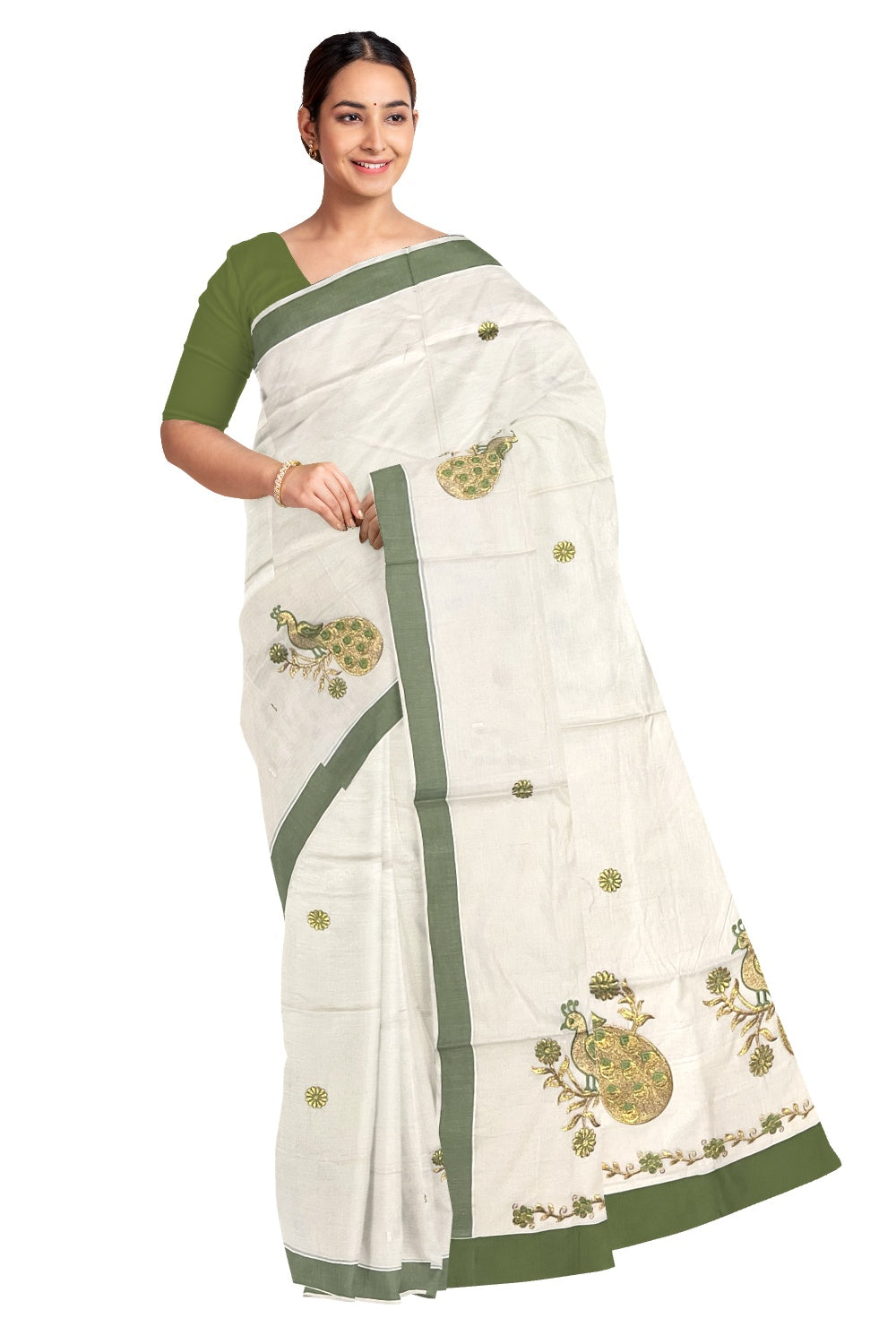 Pure Cotton Kerala Saree with Peacock Embroidery Work and Light Green Border (Onam Saree 2023)