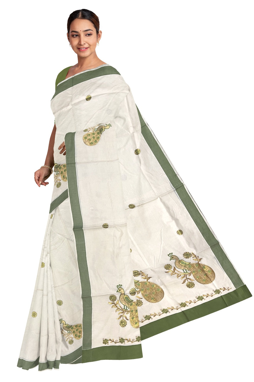 Pure Cotton Kerala Saree with Peacock Embroidery Work and Light Green Border (Onam Saree 2023)